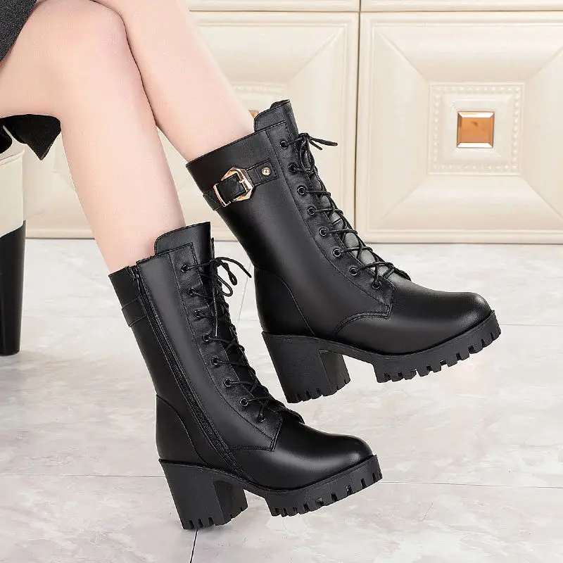 Winter High-heeled Leather Women Winter Boots Thick Wool Warm Women Boots High-quality Female Snow Boots