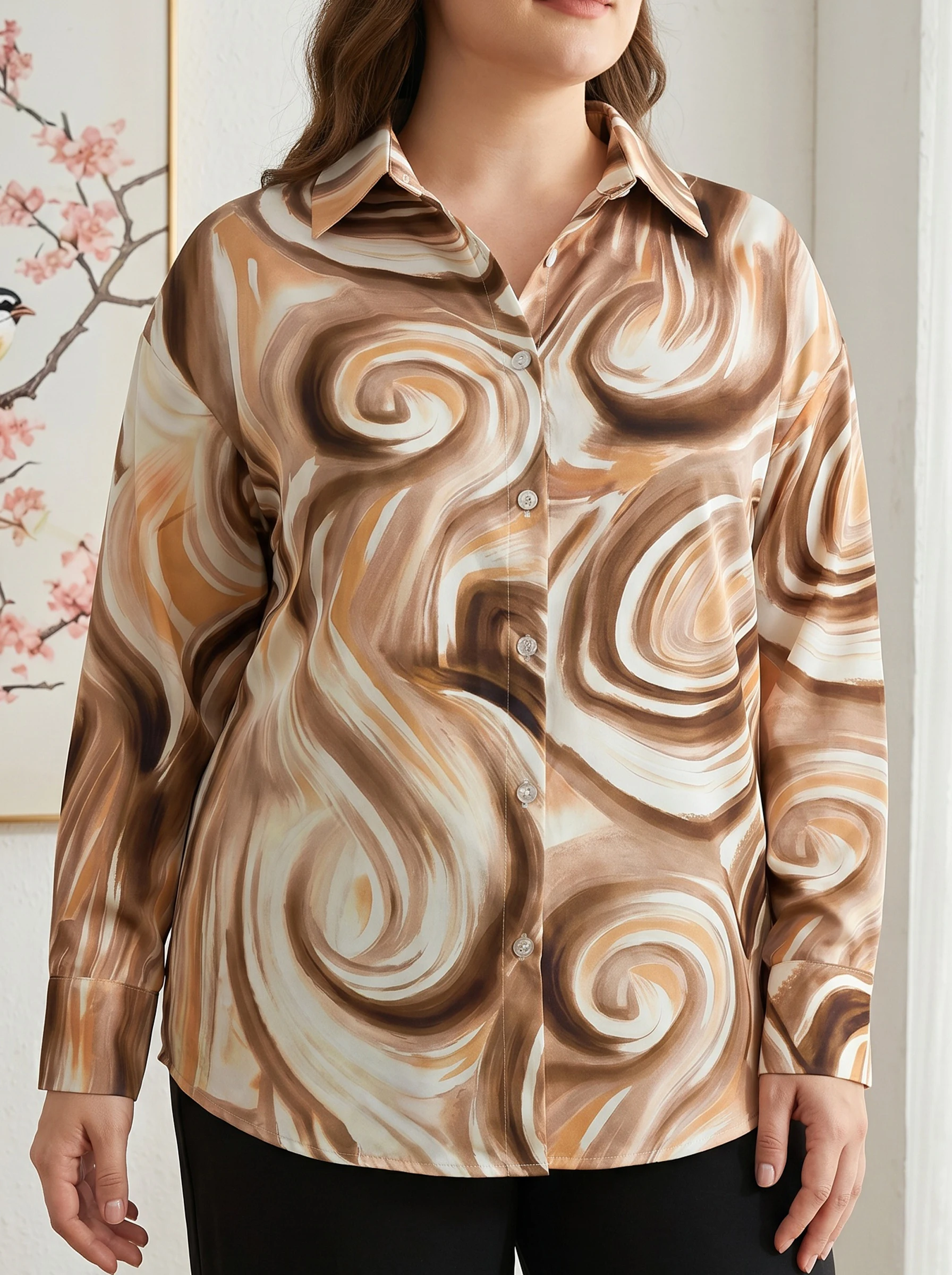 

Rosa fera Plus Size Women Abstract Print Shirt Long Sleeve Button Down Blouse Turn Down Collar Casual Top
