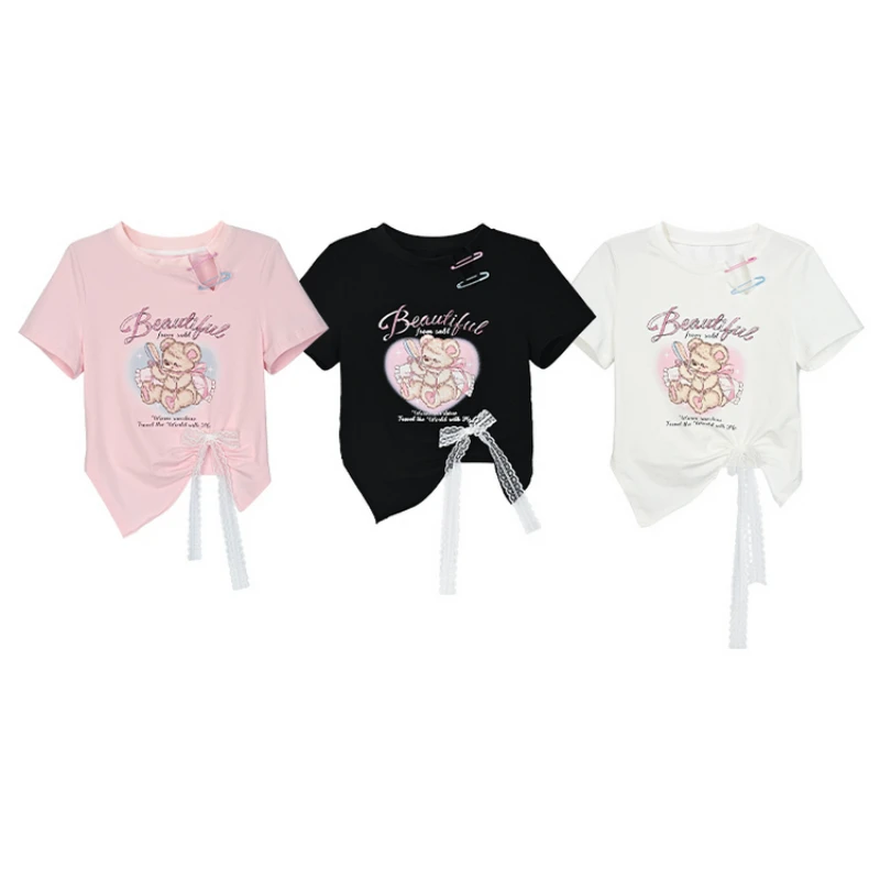 

Sweet Cartoon Bear Print Lolita Crop Top Women Y2k Aesthetic O Neck Short Sleeve T-shirt Kawaii Irregular Lace Bandage Tees Tops