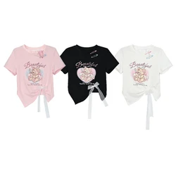 Sweet Cartoon Bear Print Lolita Crop Top Women Y2k Aesthetic O Neck Short Sleeve T-shirt Kawaii Irregular Lace Bandage Tees Tops