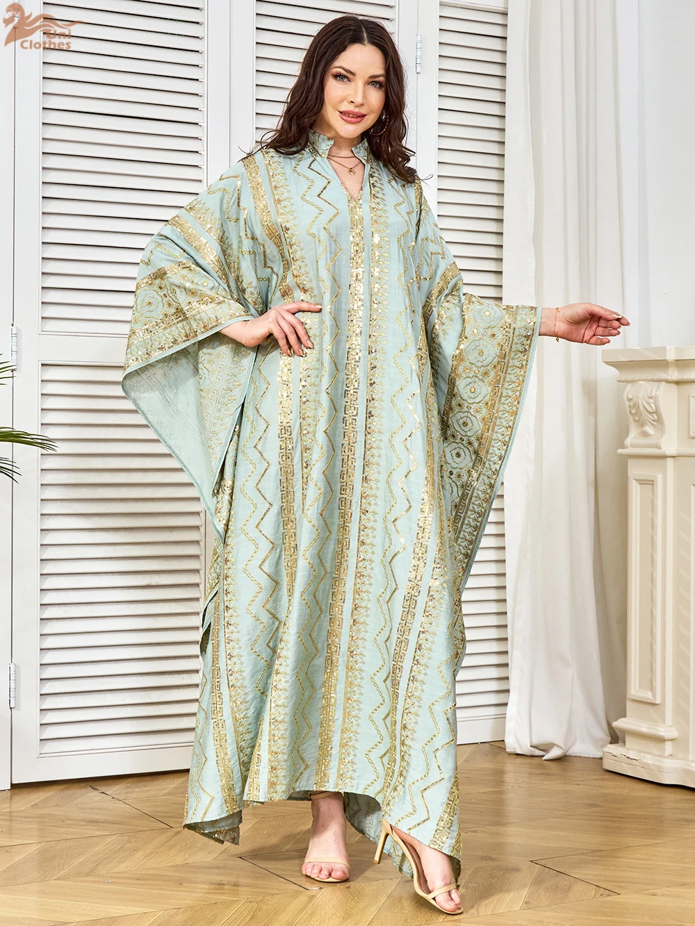 Uni Dubai lentejuelas Patchwork Abaya lujo mujer vestido de noche musulmán elegante manga de murciélago Kaftan