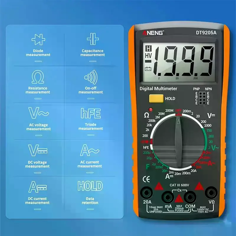 Digital Multimeter True RMS Professional /DC Current Tester Capacitor Voltage Meter Detector Tools DT9205A