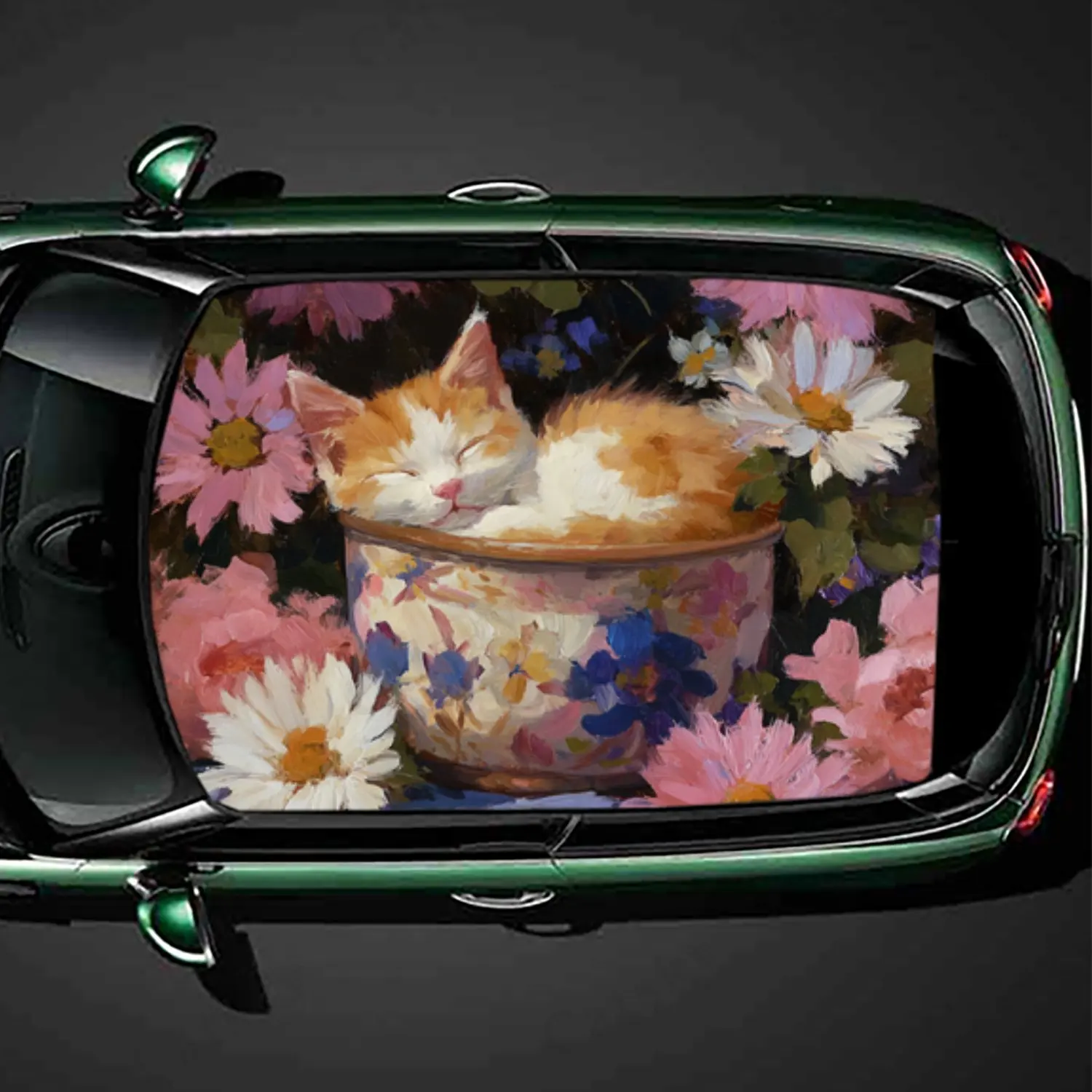 Gatito acogedor en maceta, lindo gato en agosto de flores coloridas, pegatina para techo de coche, palo autoimpermeable de PVC, llamativo Exterior de coche Ac