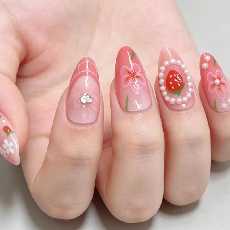 

24PCS Sweet Strawberry Pink French False Nails Cute Bow Flowers Almond Press on Nails Full Cover Wearable Fake Nails with Pearl