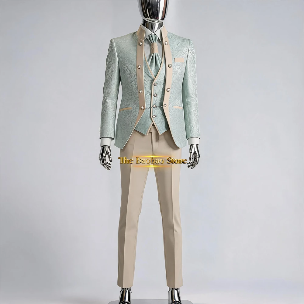 Haute Couture Sage Green Men's Suit 3pcs Stand-up Collar Jacquard Jacket Vest Beige Pants Set for Wedding Banquet Prom Party