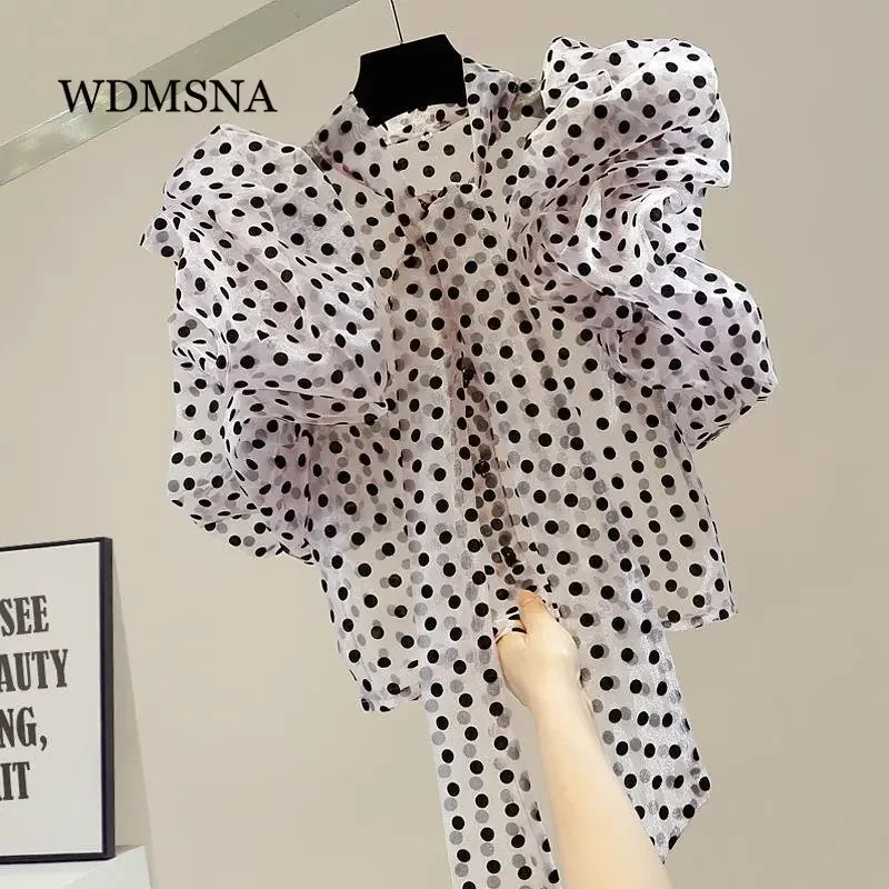 

Fashion Folds Ruffles Blouses Women Puff Sleeve Ribbon Bow Blusas Single-breasted Organza Short Polka-dot Ladies Shirts