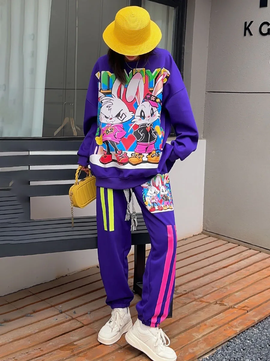 Fashion Trend Cartoon Print Oversized Pants Sets Outfits Women 2024 Autumn Sweatersuits Y2k Clothes Streetwear Hip Hop Bust132cm