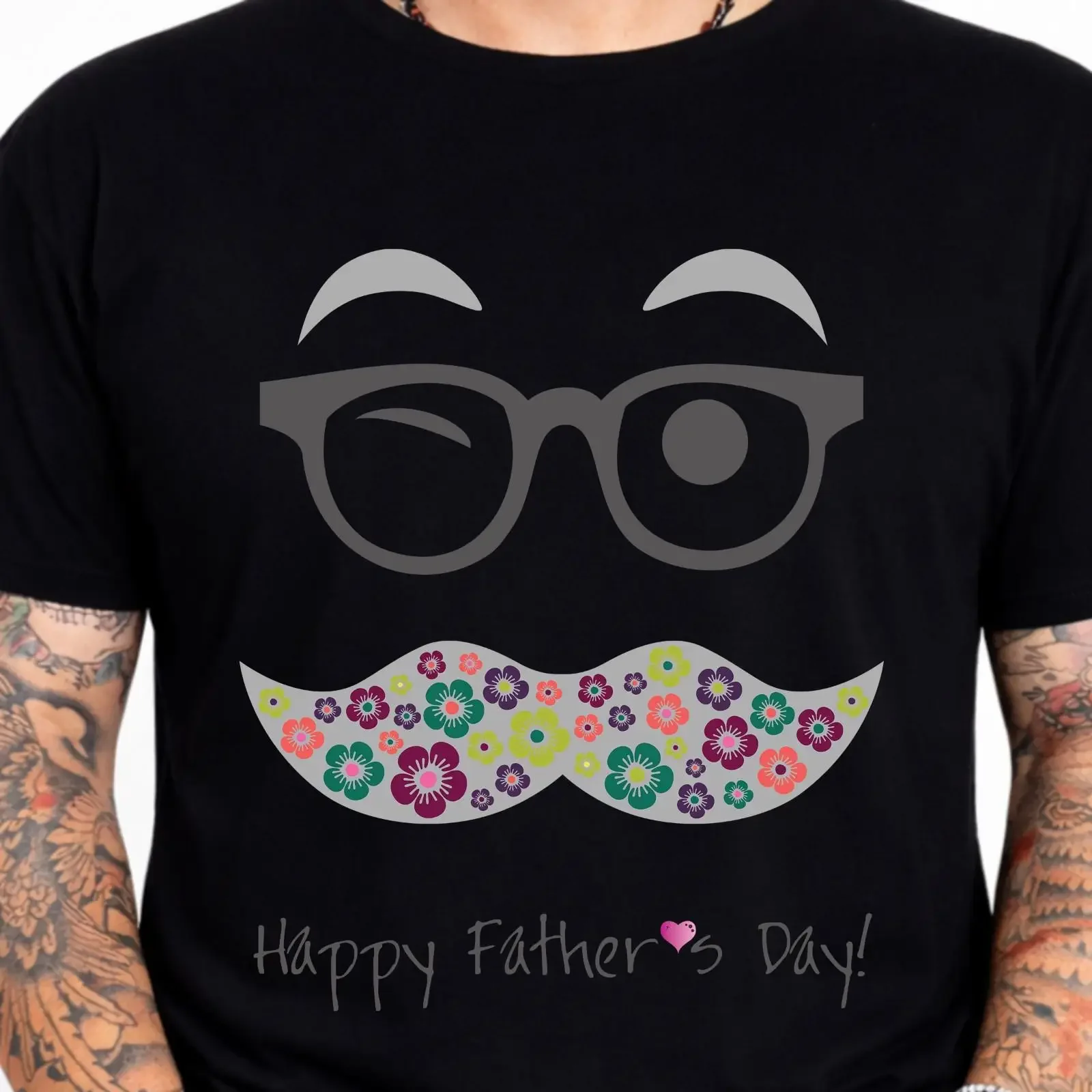 Happy Fathers Day T Shirt Floral Mustache Glasses Dad Funny Hipster vintage Washed Top For Everyday Wear Comfortable Slightly