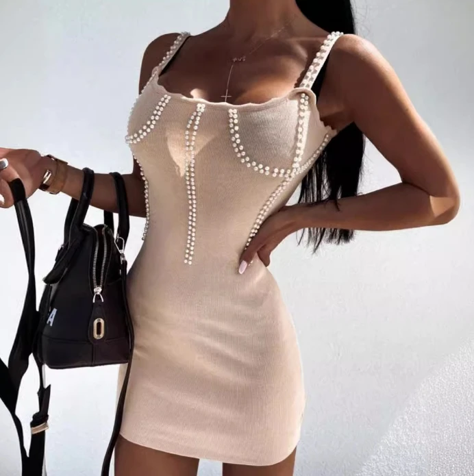 

Womens Dresses 2024 Summer Fashion Beaded Decor Square Neck Solid Color Casual Sleeveless Slim Fit Daily Mini Knit Dress