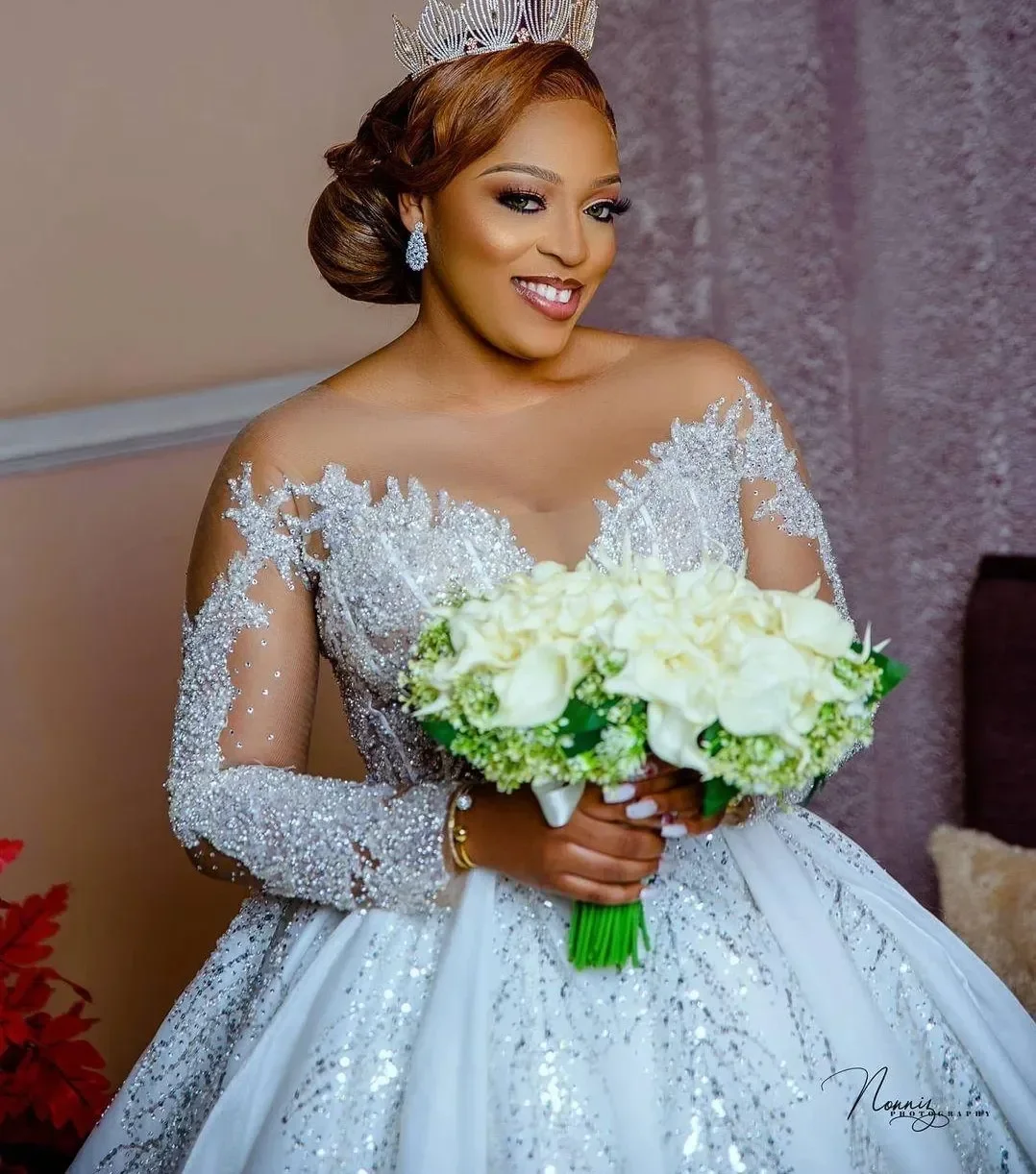 

Arabic Aso Ebi Luxury Wedding Dress Long Sleeves Illusion Organza Sequins Floor Length Glitter South Africa Bridal Gowns