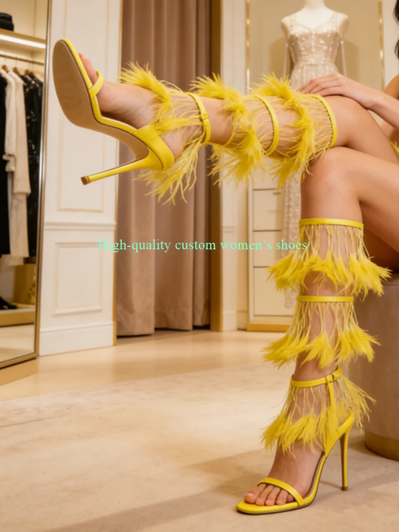 

Red Tassels Ostrich Feather Decoration Pointed Toe Women's High Heels Ankle Bandage Summer High-Quality Luxury Sandals