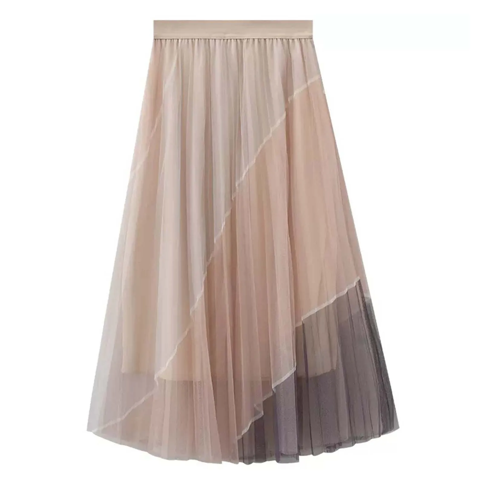 Women's Fashion Irregular Color Block Patchwork Mesh Half Length Skirt Super Fairy Skirt High Waist Pleated Large Swing Skirt