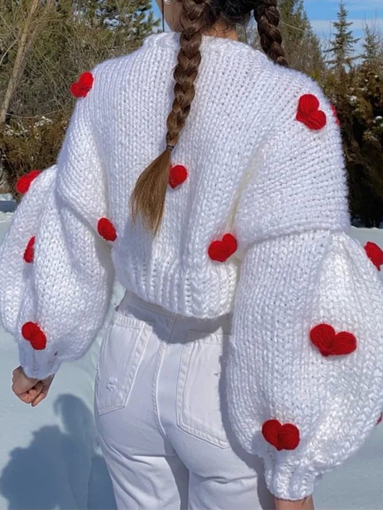 2022 Sweet Hand Made Crochet 3D Heart Ball Cropped Cardigan Woman O neck Long sleeve Knitting Coarse Sweater Knitwear Jumper