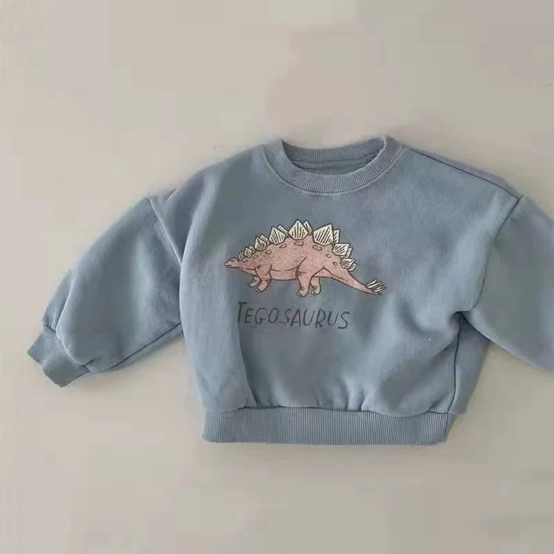 Autumn Spring Kids Baby Boys Girls Hoodies Cool Dinosaur Plus Fleece Children Pullover Comfortable Sweatshirt