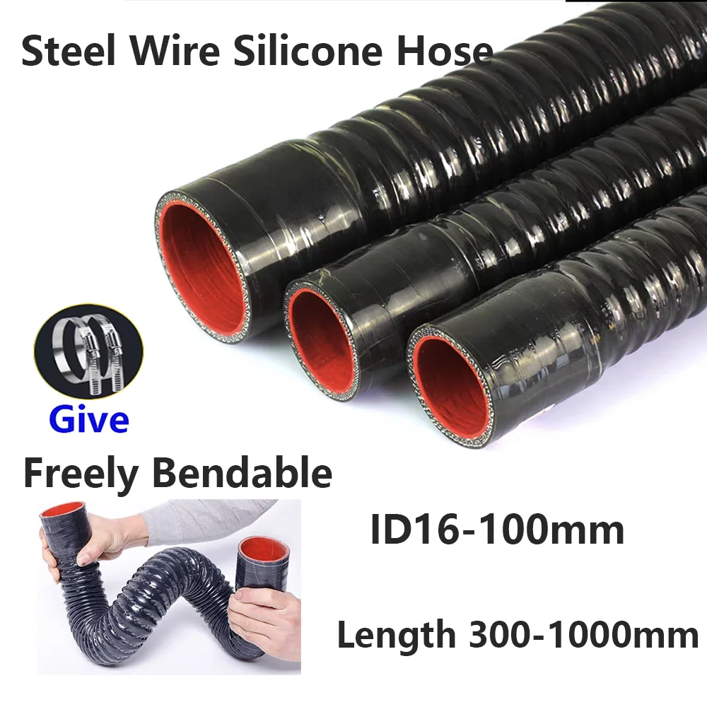 

Steel Wire Silicone Hose ID16-110mm Length 300-1000mm Black Silicone Connecting Tube Silicone Hose Radiator Air Inlet