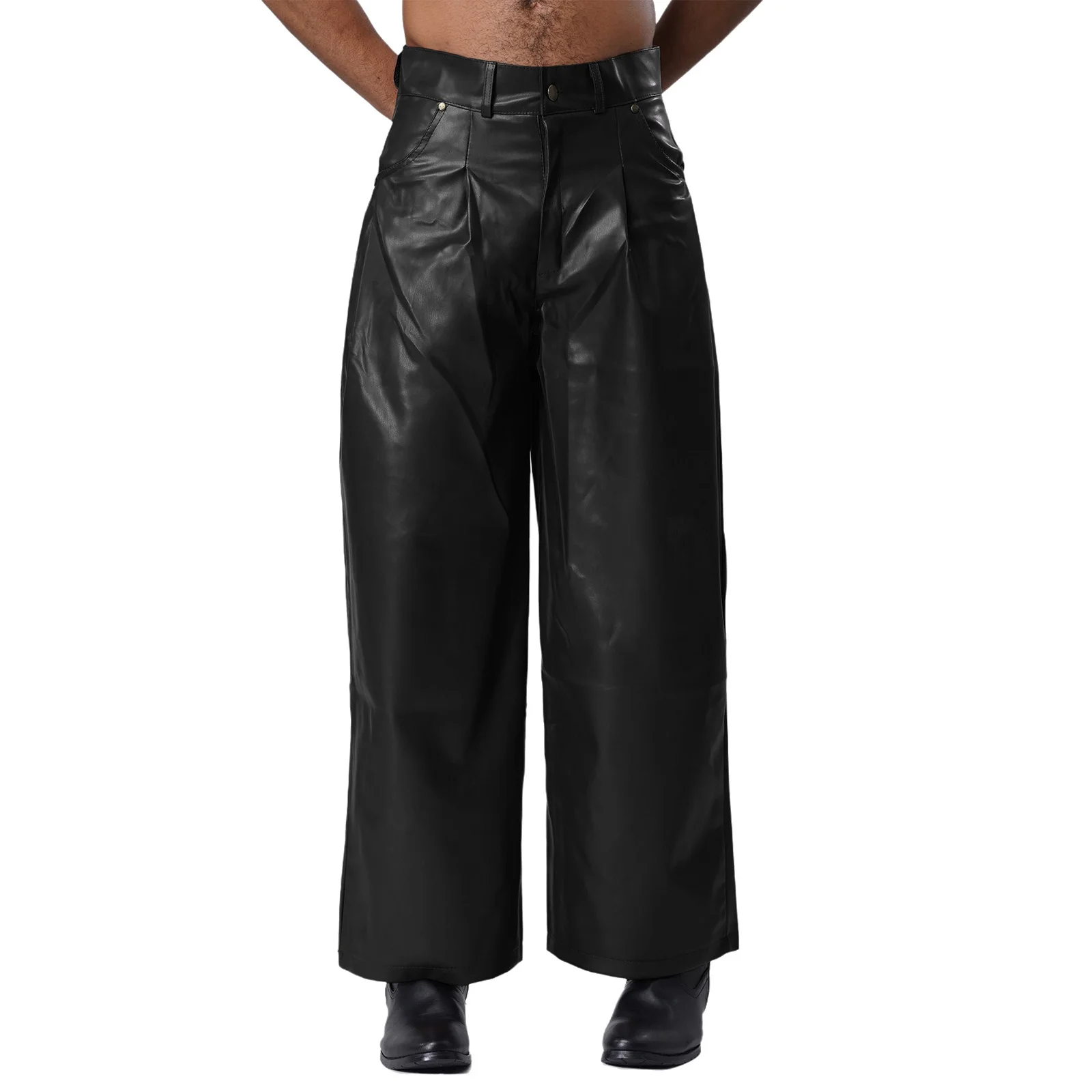 Mens Faux Leather Trousers Matte Finish High Waisted Comfort Fit Straight Leg Pants with Pockets for Office And Casual Wear