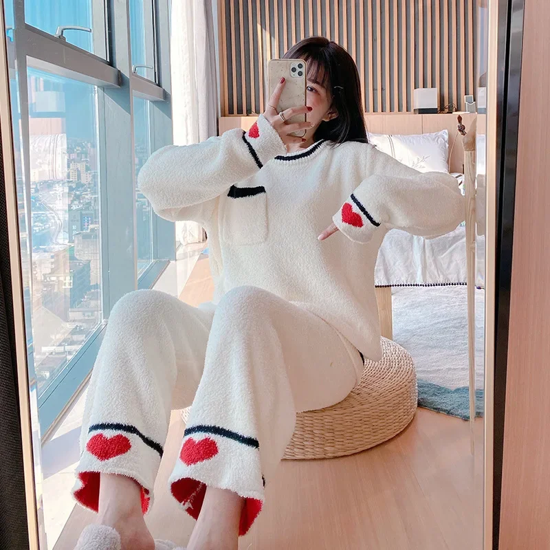 Loungewear Sets Ins Pajamas Women Suit Thickened Warm Soft Winter Outdoor Long-sleeved Trousers Love Coral Velvet Home Clothing