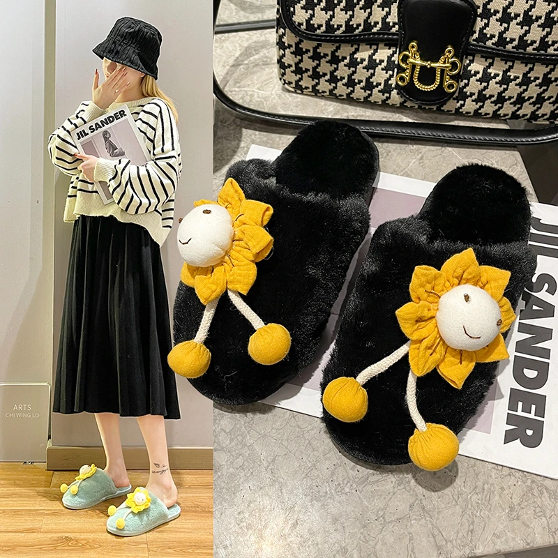 Winter New Women's Home Solid Color Sunflower Smiley Decorated Fluffy Furry Cotton Slippers