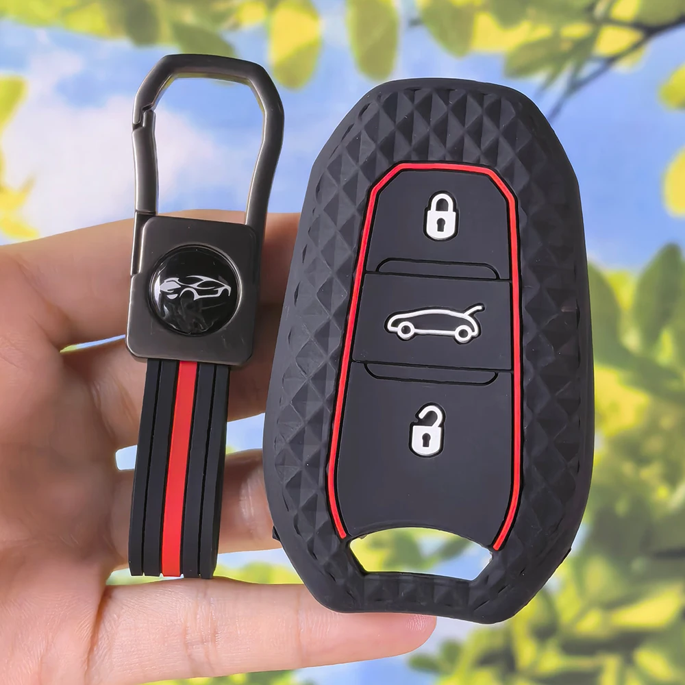Rhombus Texture Key Cover With Keychain For Peugeot 308 408 508 2008 3008 4008 5008 Citroen C4 C5 C6 C3-XR Remote Fob