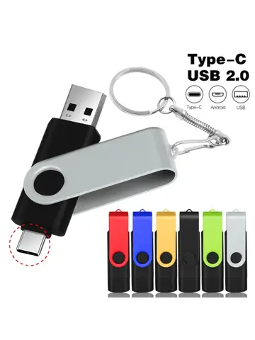 TYPE-C 2 IN 1 Pen Drive With Free key Ring 128GB Rotatable Metal USB 2.0 Flash Drive 64GB Business Gift Memory Stick 32GB 16GB