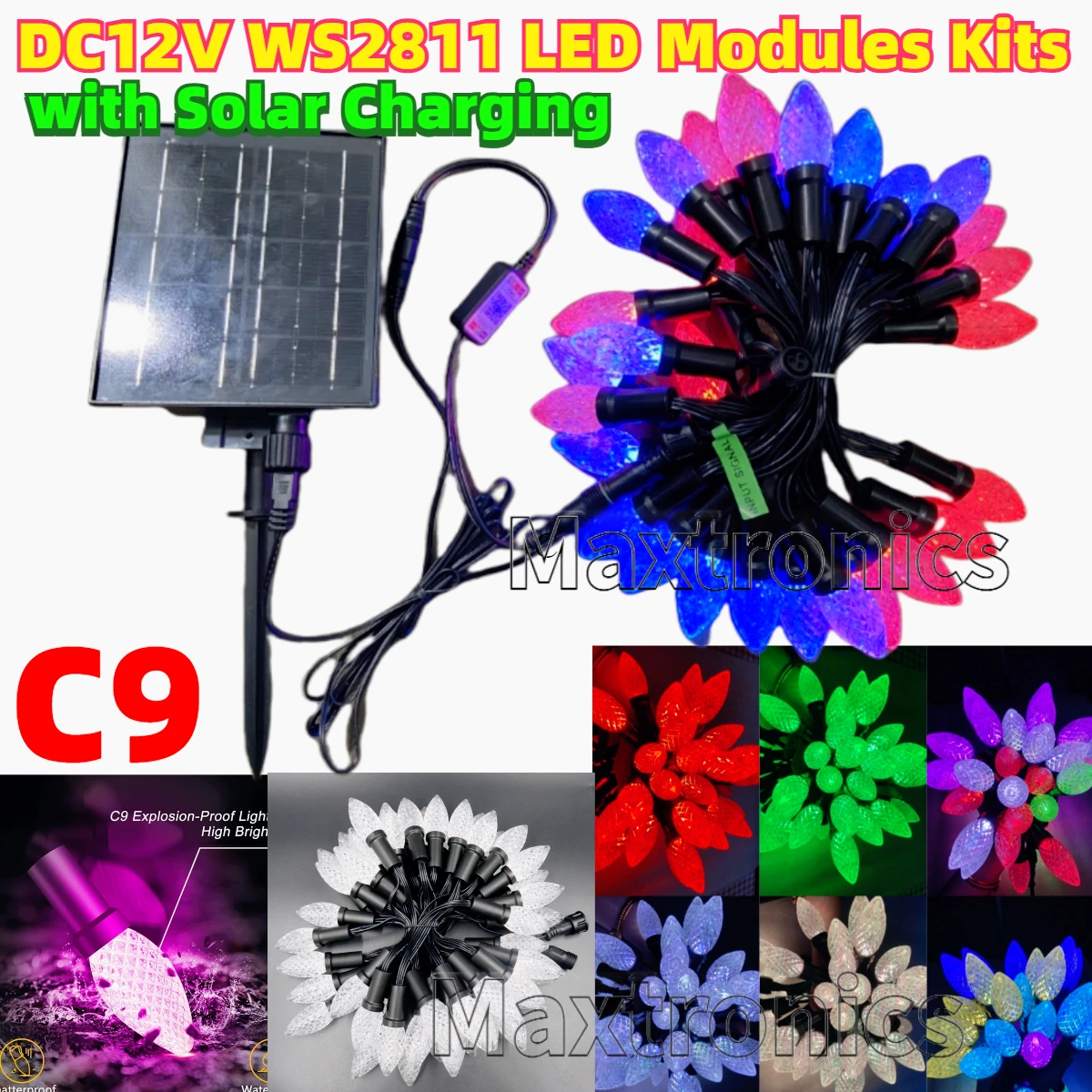 50pcs 12V WS2811 RGB LED Modules C9 with Solar Charge Addressable Programming IP68 Waterproof Connector For Holiday Tree Decor