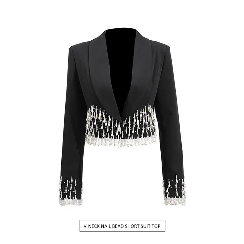 

Short Sleeveless Women's Jacket with Bead And Tassel Detailing Slimming Waistline Fashionable Spring Autumn Outerwear