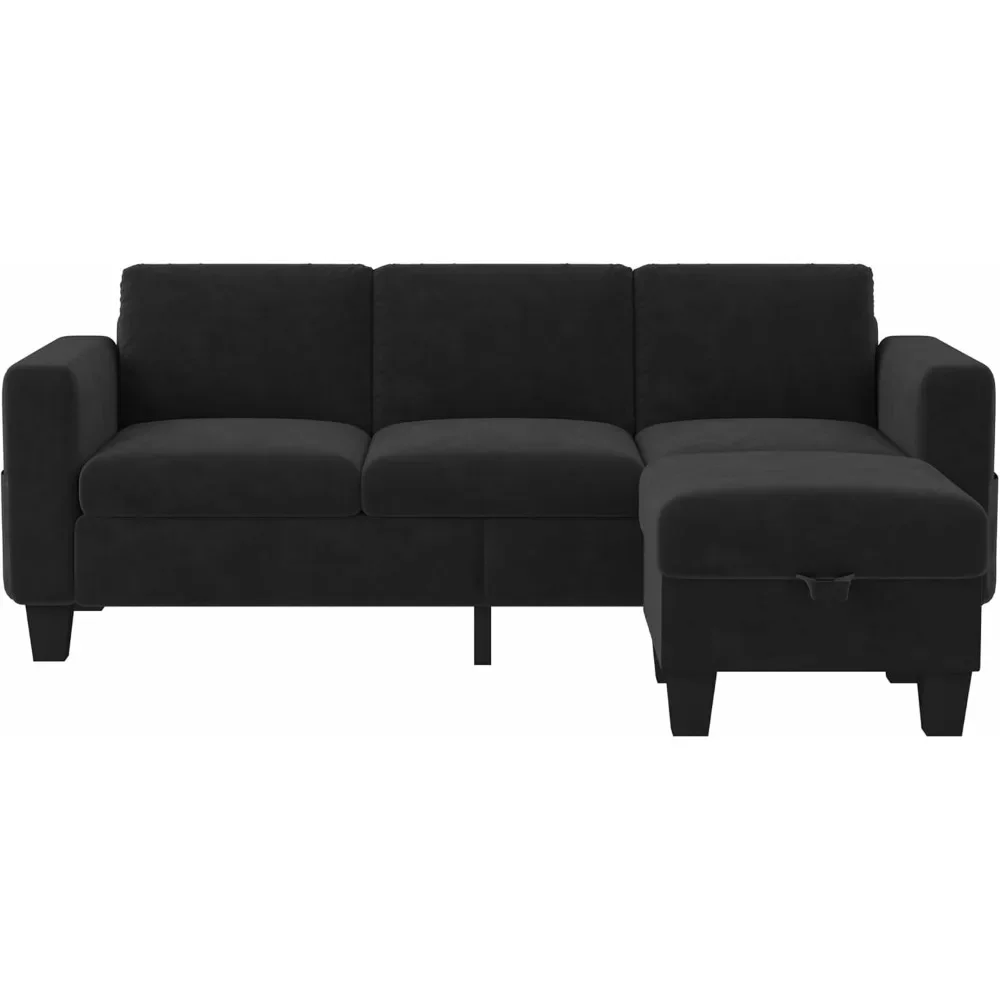 78'' Convertible Sectional Sofa Couch, Black 3 Seat L-Shaped Couch with Storage Ottoman, Modern Velvet Fabric Couches