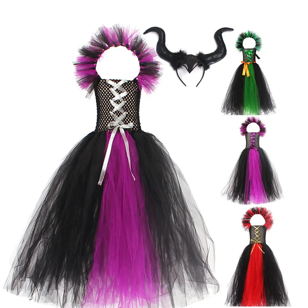 

Green Purple Witch Queen Costumes for Girls Twinkle Bat Halloween Long Tutu Dress Carnival Outfit with Horns Feather Wings