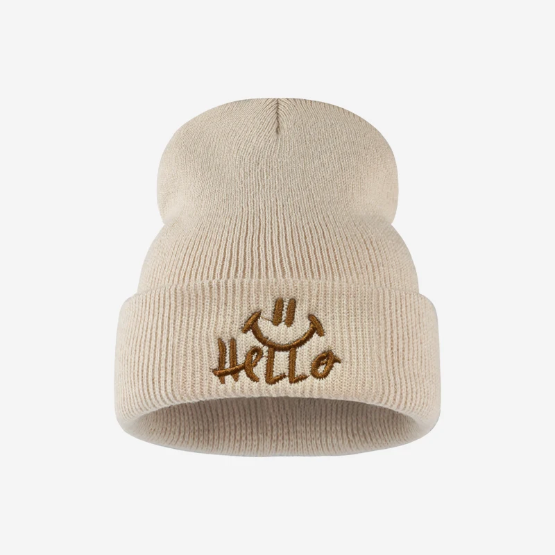 Knitted beanie for toddlers aged 1–3, featuring a soft “Hello” smile embroidery—perfect for everyday wear and outdoor activities - view 3