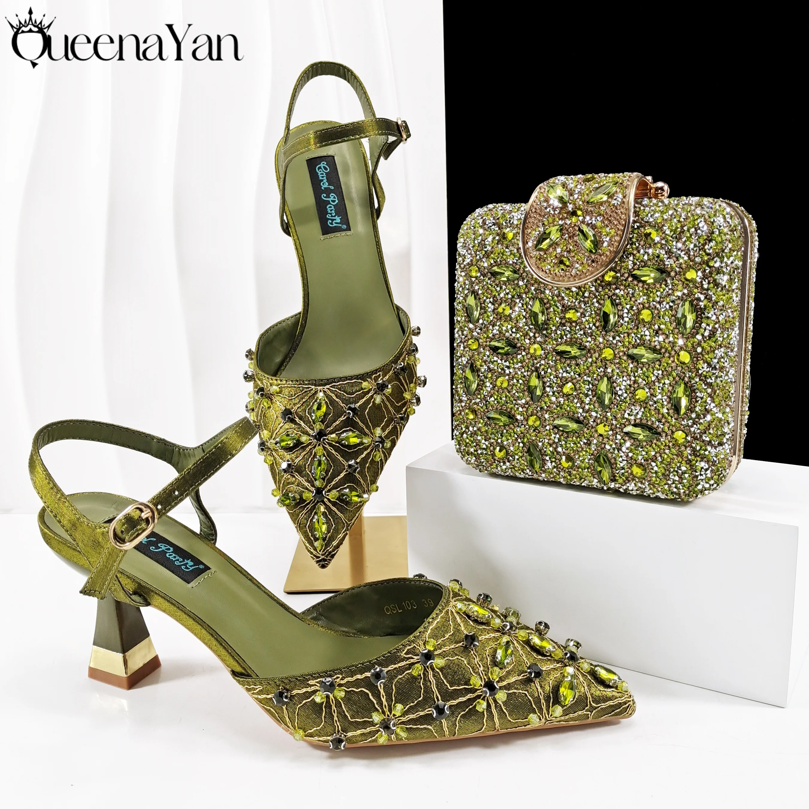 

New Embroider Elegant Mature Style Olive Color Pointed Toe Women High Heels and Bag Set Decorated With Colorful Rhinestone