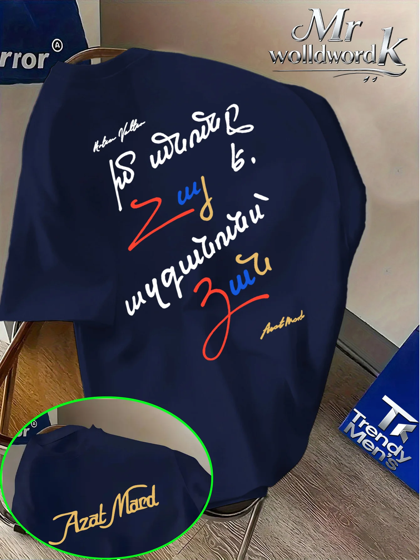 Summer Street Cool Style Azat Mard T-Shirt mit buntem handgeschriebenen Schriftzug-Aufdruck, Rundhalsausschnitt, kurzärmeliges Oberteil, locker und atmungsaktiv – Detail 3