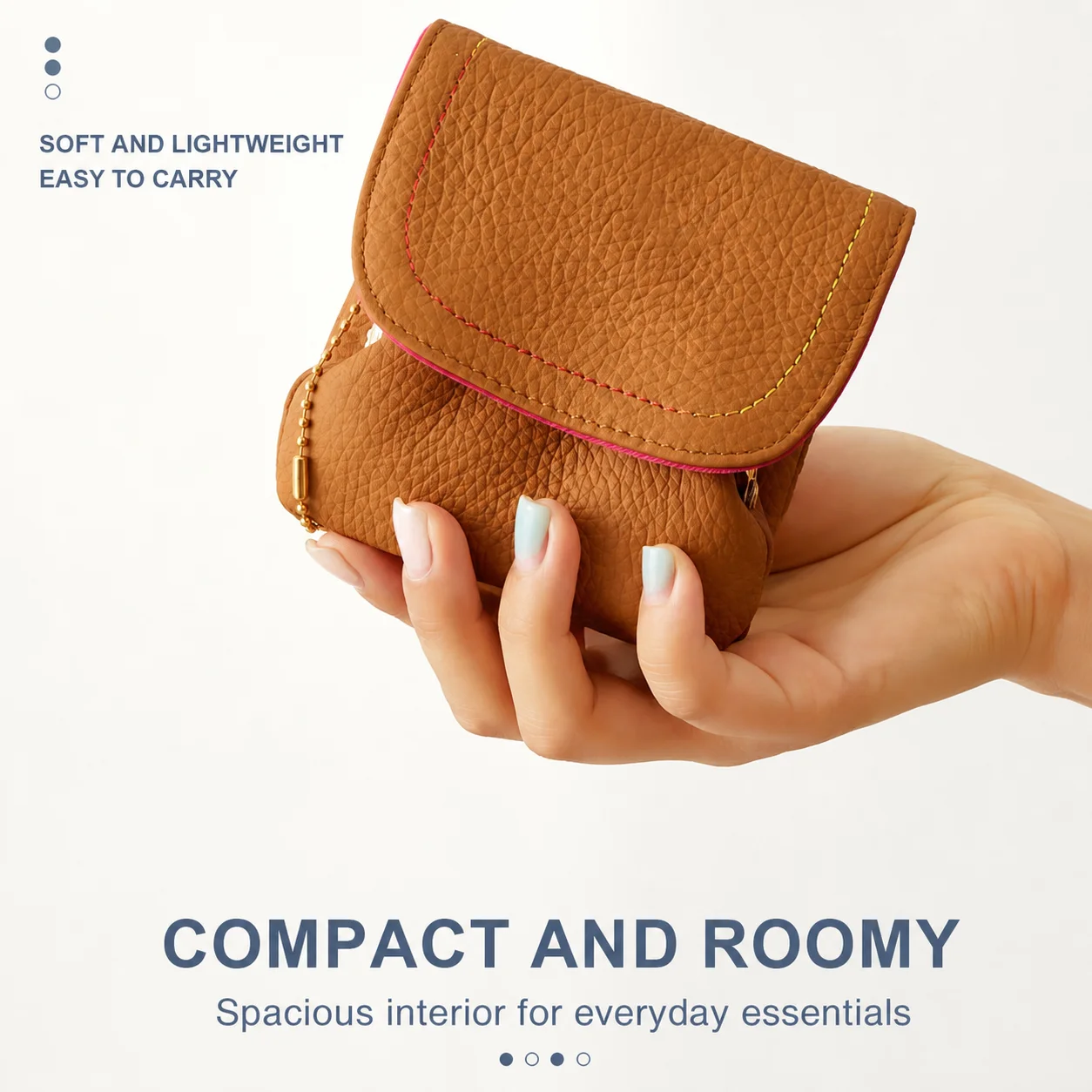 Full Grain Leather Pouch Solid 3-In-1 Card Holder Leather Coin Purse Colorful Detachable Chain Wallet For Dating Casual Outings