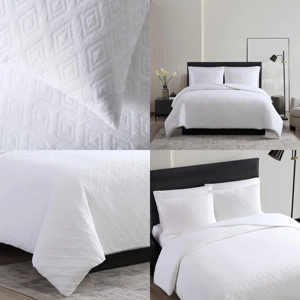 

Reversible Queen Duvet Cover Set, Soft & Lightweight Bedding with Pillowcases, 3-Piece White Diamond Design
