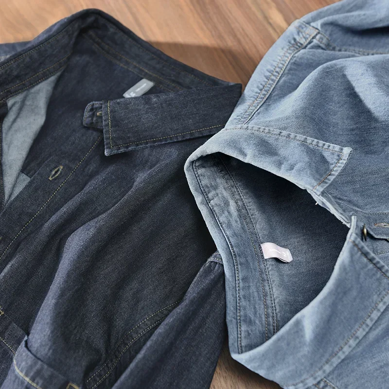 الرجعية طويلة الأكمام قميص دينيم الرجال الشارع الشهير الضوء الأزرق جان القمم متعددة جيب القطن الخالص كاوبوي قميص الذكور قمصان فضفاضة غير رسمية