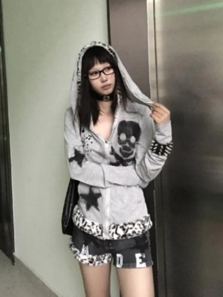 

Japanese Y2k Rabbit Ears Gothic Skull Print Hooded Outerwear Vintage Harajuku Zipper Sweatshirt Grunge Aesthetics