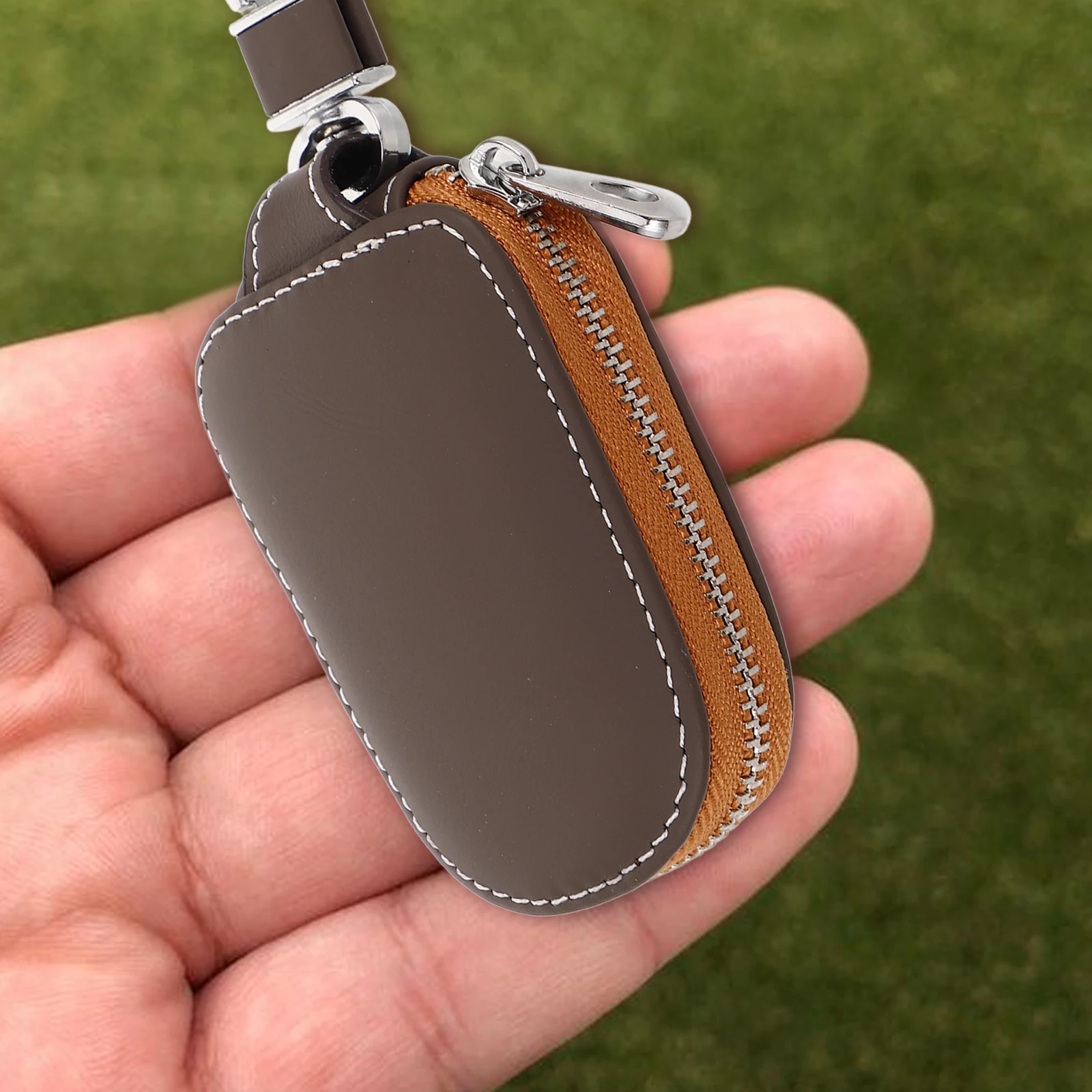 

Key Case Zipper Cowhide Men Women Brown Keychain Bag Protective Pouch Durable Automotive Cover Remote Car Keys