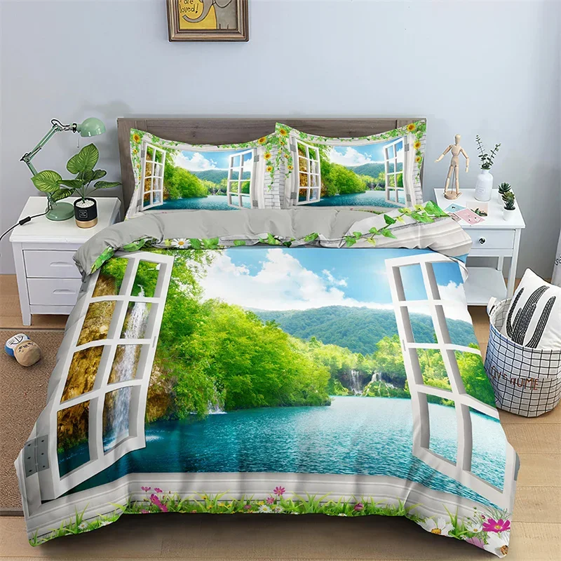 Natural Landscape Duvet Cover Set Single Twin King Waterfall Bedding Set Polyester Mountains River Comforter Cover For Boys Girl