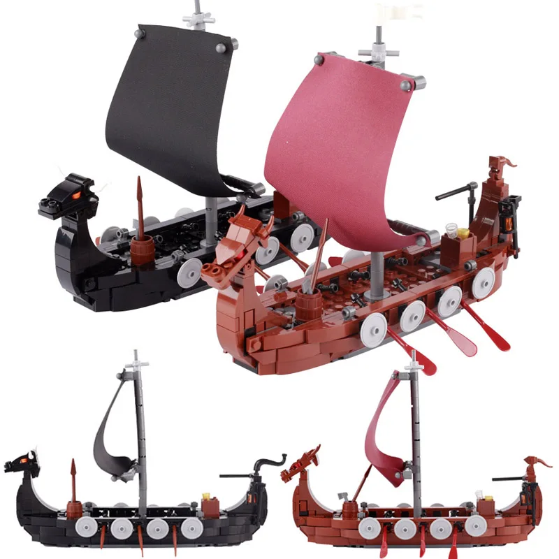 MOC Medieval Military Wars Trireme Battleship Viking Longship Building Blocks Set Sodiers Figures Boat Sailboat Toy For Children