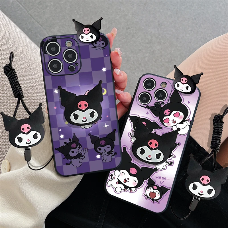 3D Kuromi Cartoon Phone Holder Case For OPPO A59 A58 A57 A56 A55 A54S A53S A52 A57S A53S A59S With Strap Rope Lanyard Cover