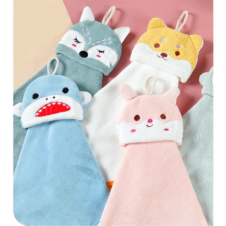 Cartoon Animal Hand Towel Coral Fleece Kitchen Bathroom Toilet Kid Hand Towels Hanging Type Super Water Absorption Quick Drying