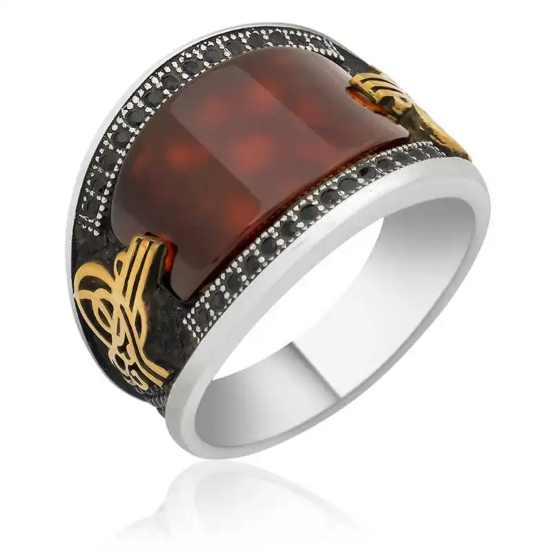 Silver Agate and Zircon Stone Tugra Crest Ring - 925 Sterling Men's Jewelry Wedding Birthday Gift - Box - Agate and Zircon Stone for Men - Fashion - Botiva - Size - Turkish - Patterned Embroidery