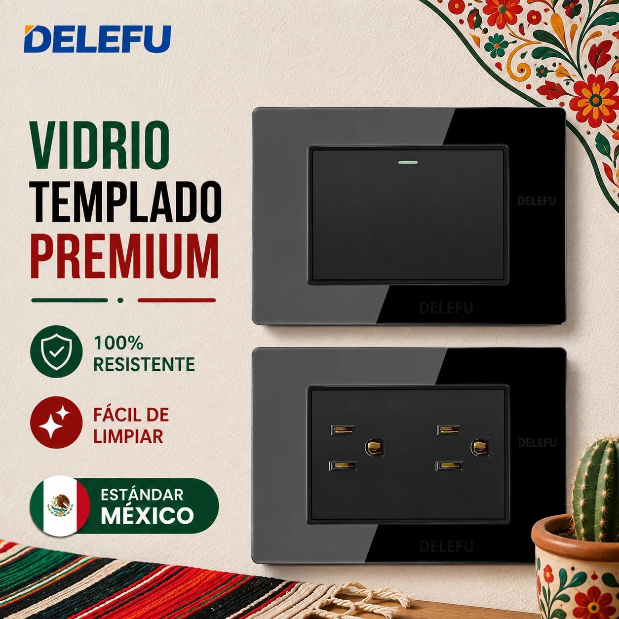 DELEFU Black Tempered Glass Wall Switch Outlet 118mm US Receptacle USB C Quick Charge TV Data Phone Network Socket for Mexico