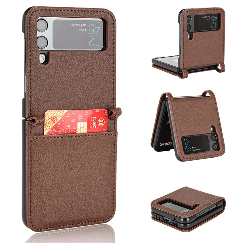 

Business Card Slot Litchi Leather Case for Samsung Galaxy Z Flip 3 Flip3 5G Anti-knock Cell Phone Cover Fundas