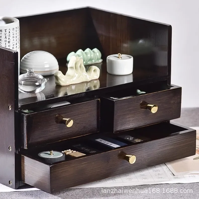 Lanzhai Desktop Calligraphy Brush Holder Storage Rack Multi Functional Drawer Organizer for Study Room Four Treasures