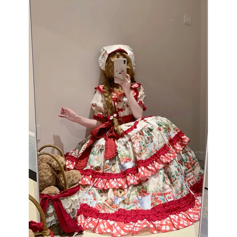 Dolce Orso Stampa Fragola Y2k Abito Lungo Op Ragazze Kawaii Carino Lolita Abiti Grembiule Set Mori Ragazze Cla Principessa Tea Party Dress