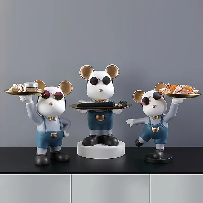 

Cool Bear Butler With Tray Storage Bin Resin Art Sculpture Bear Stature with Glasses Home Decoration Ornamental Gift Decorative