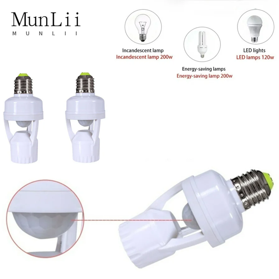 

MunLii 110V-240V E27 PIR Induction Infrared Motion Sensor Smart Light Bulb Switch LED lamp Base Holder Socket Adapter Converter