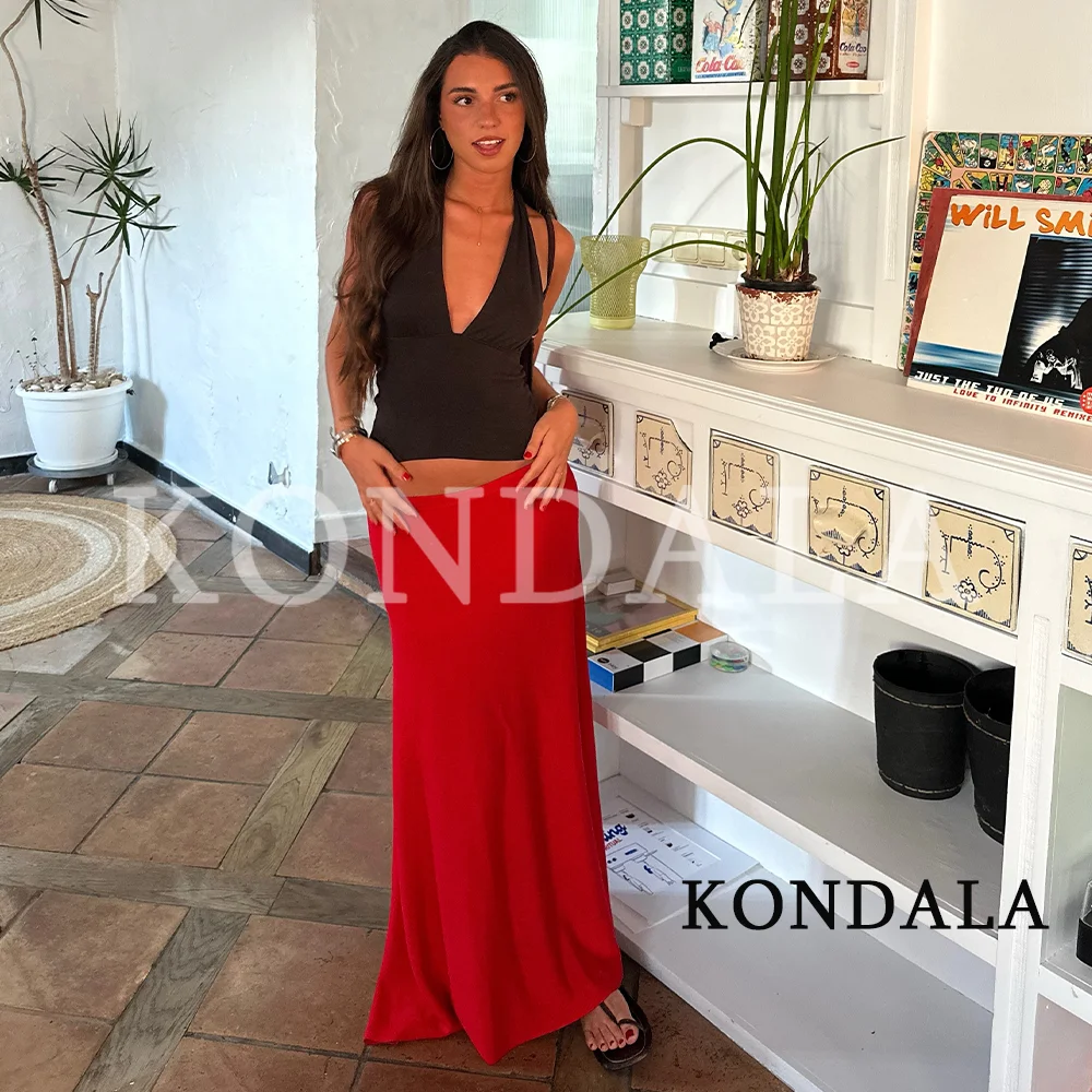 KONDALA Women Elegant Red Satin Midi Skirt 2026 Summer Trendy High Street Holiday Skirts Female Leisure Chic Elastic Waist Skirt
