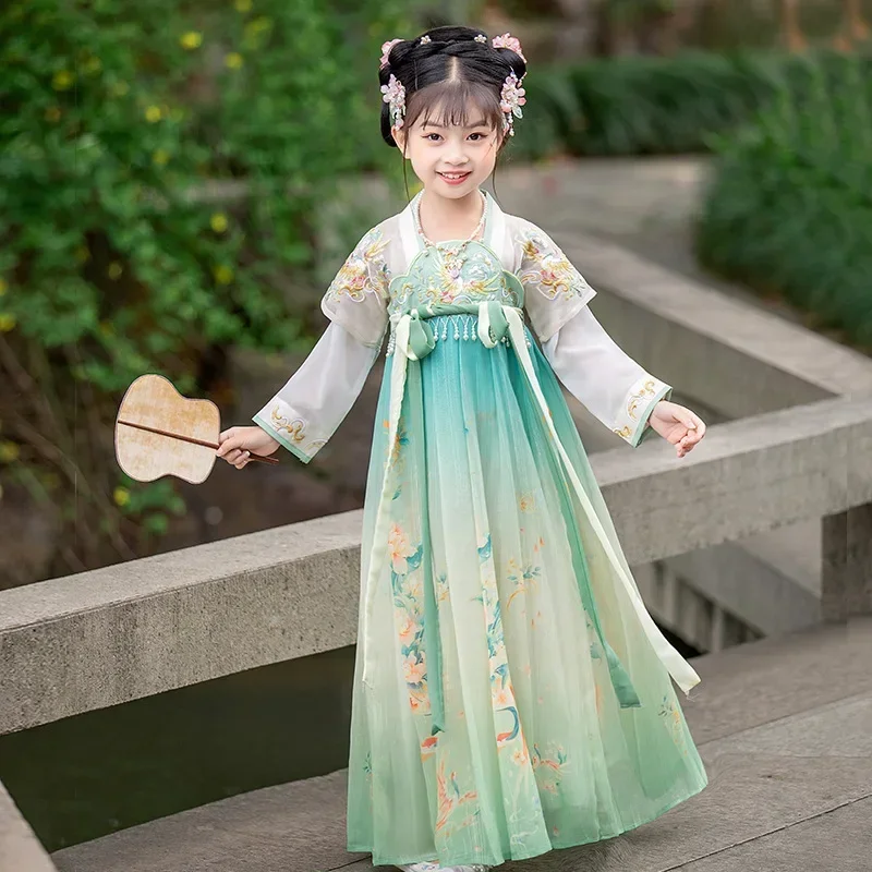 

2023 Green Pink Girl Hanfu Autumn Dress Ancient Chinese Style Super Fairy Tang Suit Children's Embroidered Gradient Cyan Skirt