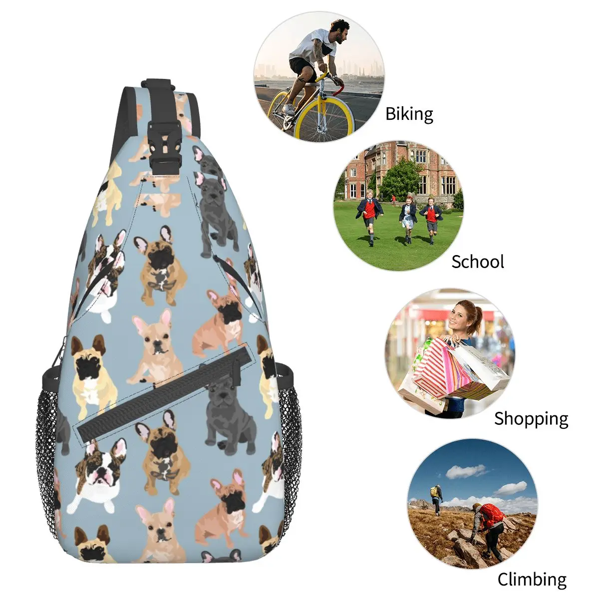 Frenchie buldog francuski torba typu Crossbody Sling Bag moda torba na klatkę piersiowa śliczne mops pies plecak na ramię Daypack Travel turystyka plecak podróżny